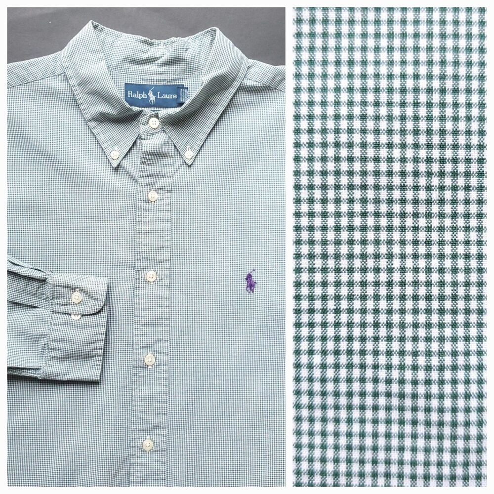 VTG Ralph Lauren Button Down Shirt 17.5 34/35 Green Plaid Gingham Check Pony
